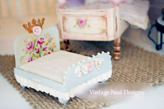 Blue Baby Doll Bed No.2 Handmade Dollhouse Miniature image 0