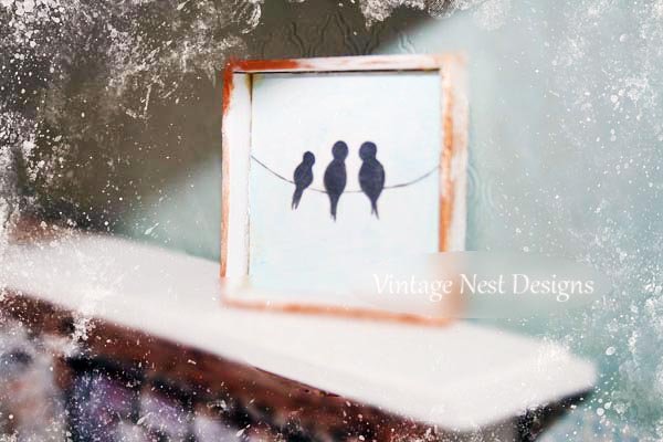 Bird on a Wire No.1:1 Dollhouse Miniature Handmade Wooden Framed Art image 0