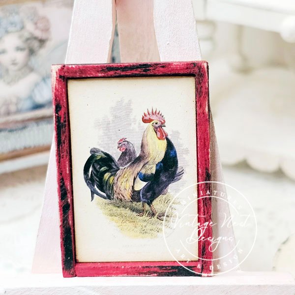 Rooster No.2:1 Dollhouse Miniature Handmade Wooden Framed Art image 7