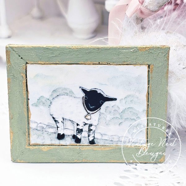 Nursery Lamb No.1:3 Dollhouse Miniature Handmade Wooden Framed Art image 4