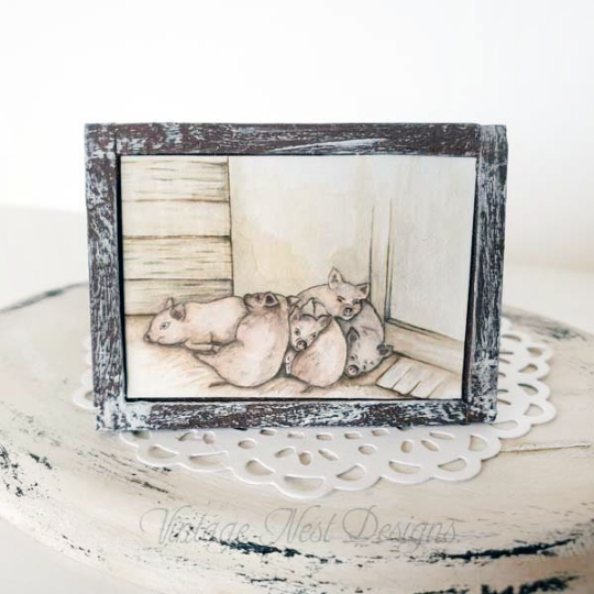 Piglets No.1:2 Dollhouse Miniature Handmade Wooden Framed Art image 3