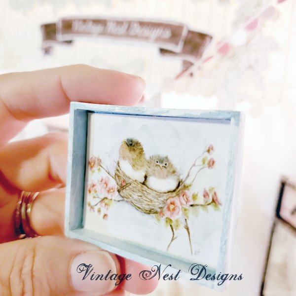 Bird Nest Roses No.5:1 Dollhouse Miniature Handmade Wooden Framed Art image 4