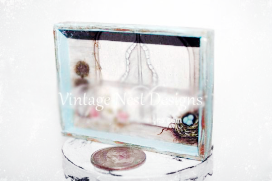 Bird Nest Topiary No.1:1 Dollhouse Miniature Handmade Wooden Framed Art image 0