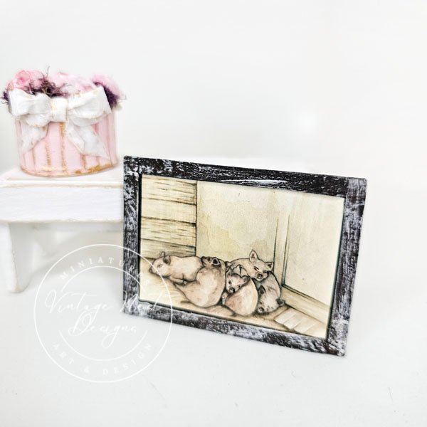 Piglets No.1:2 Dollhouse Miniature Handmade Wooden Framed Art image 0