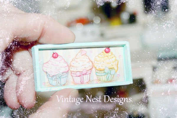 Three Cupcakes No.4:5 Dollhouse Miniature Handmade Wooden Framed Art image 1