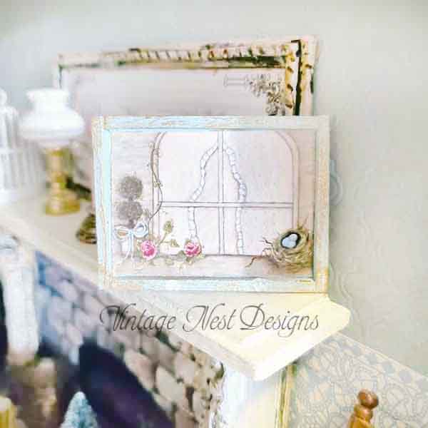 Bird Nest Topiary No.1:2 Dollhouse Miniature Handmade Wooden Framed Art image 1