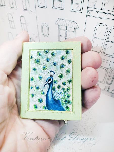 Peacock No.2:1 Dollhouse Miniature Handmade Wooden Framed Art image 1