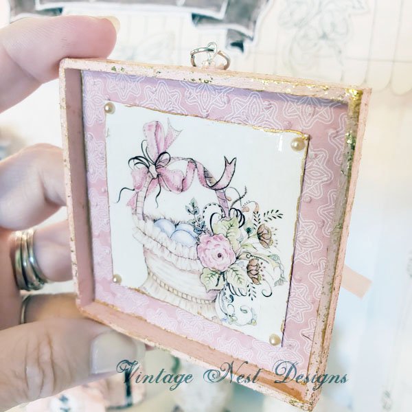 Basket of Flowers No.1:3 Dollhouse Miniature Handmade Wooden Framed Art image 3