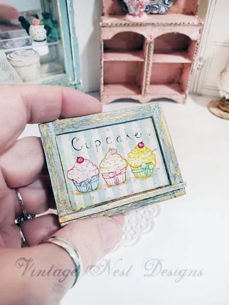 Three Cupcakes No.4:2 Dollhouse Miniature Handmade Wooden Framed Art image 1
