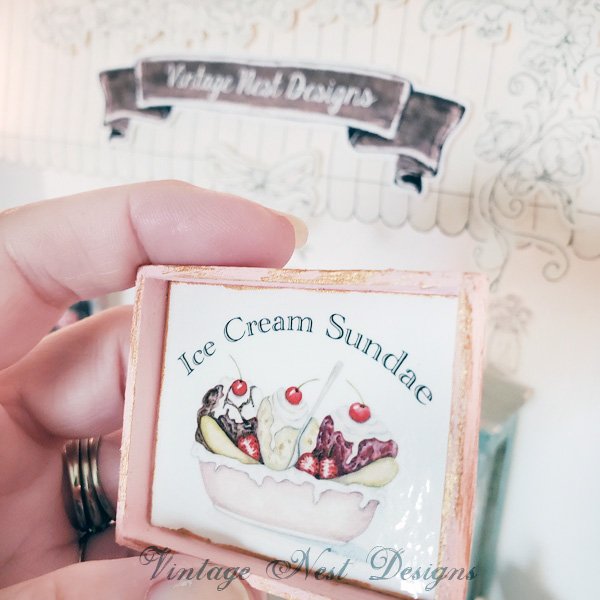 Banana Split Sundae No.3:1 Dollhouse Miniature Handmade Wooden Framed Art image 2