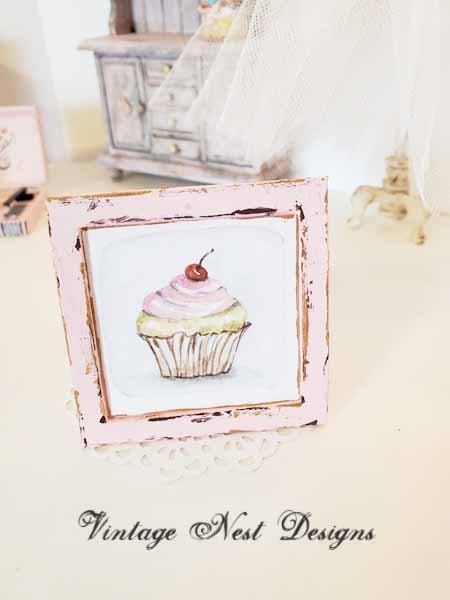 Cupcake No.7:1 Dollhouse Miniature Handmade Wooden Framed Art image 0