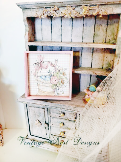 Basket of Flowers No.1:1 Dollhouse Miniature Handmade Wooden Framed Art image 2