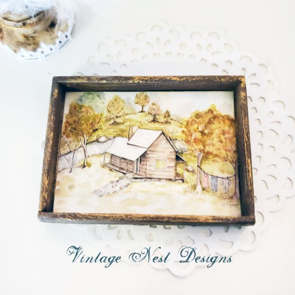 Cabin in the Woods No.1:2 Dollhouse Miniature Handmade Wooden Framed Art image 1
