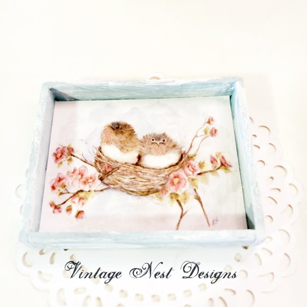 Bird Nest Roses No.5:1 Dollhouse Miniature Handmade Wooden Framed Art image 1