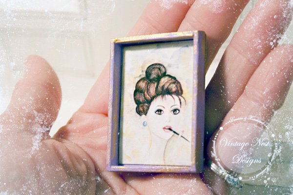 Audrey Hepburn No.1:2 Dollhouse Miniature Handmade Wooden Framed Art image 2