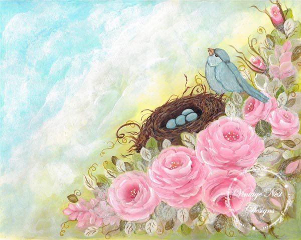 Bird Nest Roses No.1 Digital Prints Acrylic Painting image 0