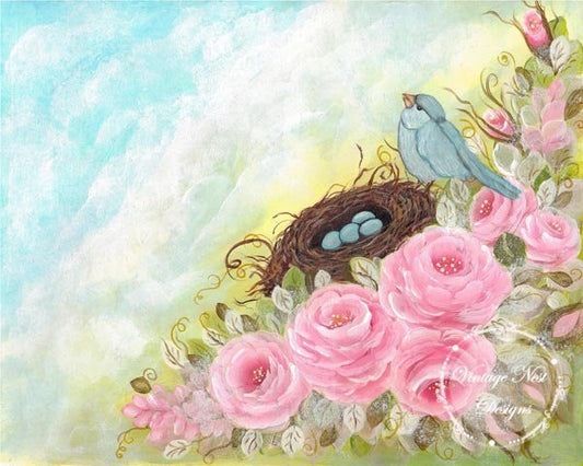 Bird Nest Roses No.1 Digital Prints Acrylic Painting image 0
