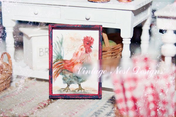 Rooster No.4:1 Dollhouse Miniature Handmade Wooden Framed Art image 2