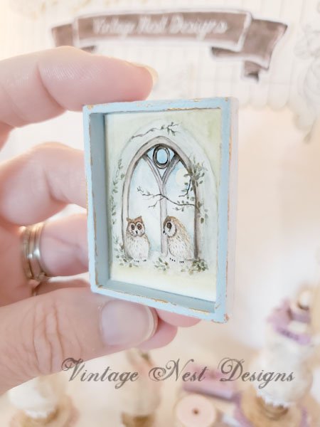 Two Owls in a Window No.1:1 Dollhouse Miniature Handmade Wooden Framed Art image 5