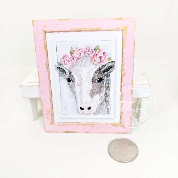 Dollhouse Miniature Cow with Roses No.1:2 Handmade Wooden Framed Art image 1