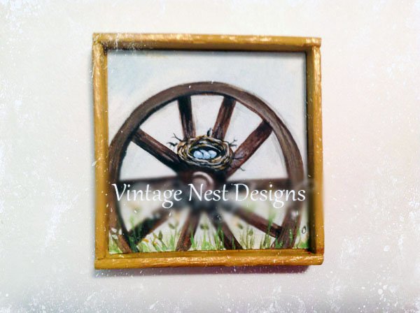 Bird Nest Wagon Wheel No.1:1 Dollhouse Miniature Handmade Wooden Framed Art image 0