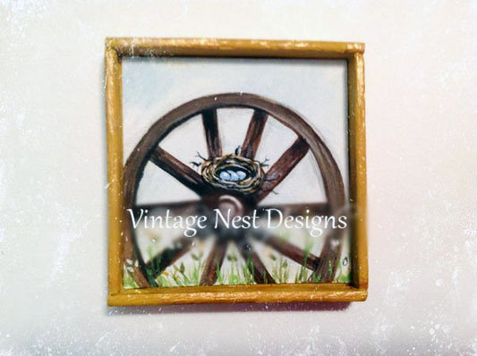 Bird Nest Wagon Wheel No.1:1 Dollhouse Miniature Handmade Wooden Framed Art image 0