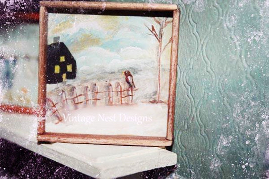 Bird on a Fence No.1:1 Dollhouse Miniature Handmade Wooden Framed Art image 0