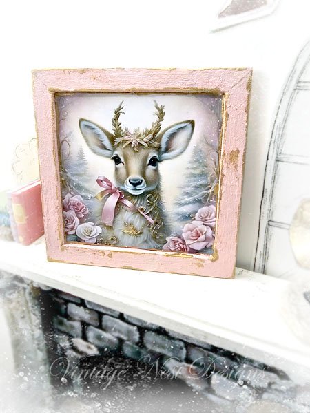 Christmas Doe No.2:1 Dollhouse Miniature Handmade Wooden Framed Art image 2