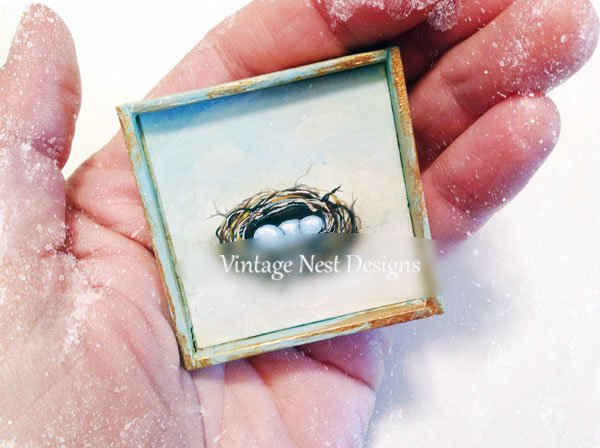 Bird Nest No.10:1 Dollhouse Miniature Handmade Wooden Framed Art image 1