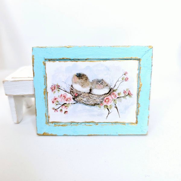 Bird Nest Roses No.5:2 Dollhouse Miniature Handmade Wooden Framed Art image 2