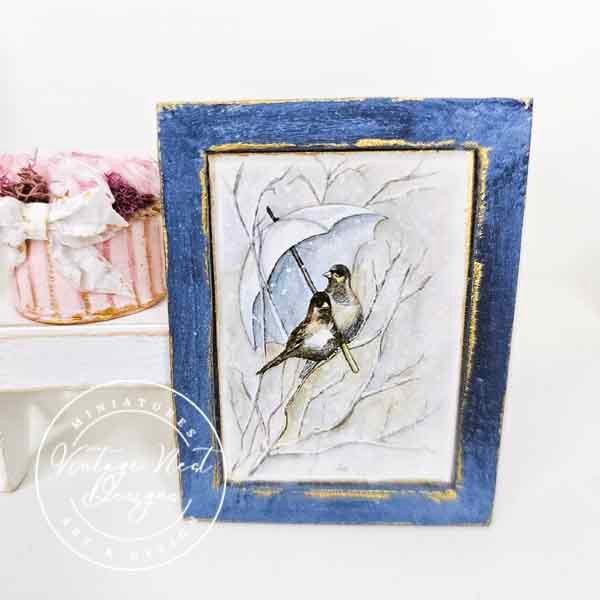 Winter Snow Birds No.1:2 Dollhouse Miniature Handmade Wooden Framed Art image 1