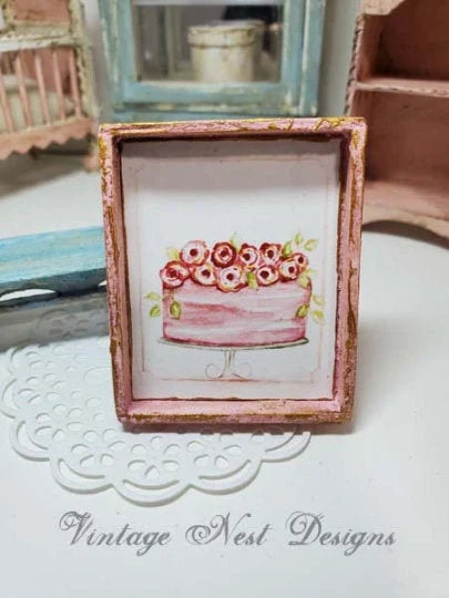 Cake No.4:3 Dollhouse Miniature Handmade Wooden Framed Art image 0