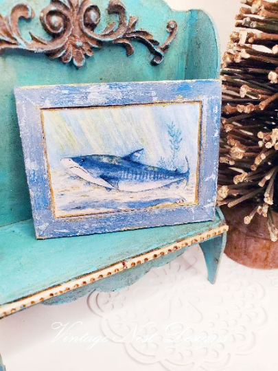 Shark No.1:2 Dollhouse Miniature Handmade Wooden Framed Art image 1