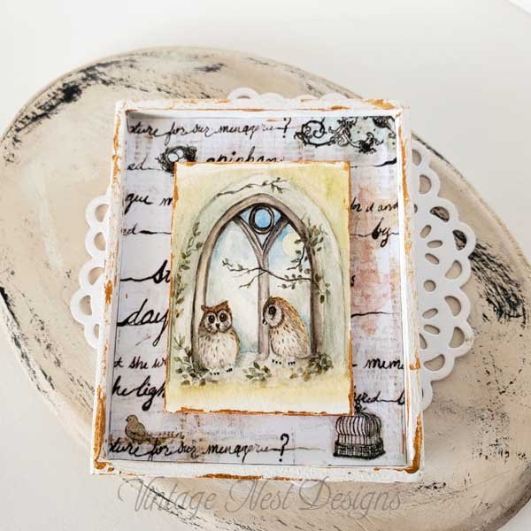 Two Owls in a Window No.2:2 Dollhouse Miniature Handmade Wooden Framed Art image 1