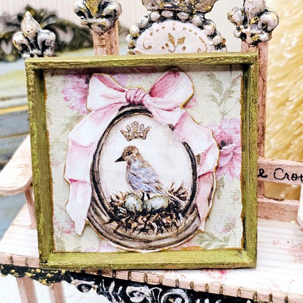Bird Nest Green Eggs No.1 Dollhouse Miniature Handmade Framed Art image 2