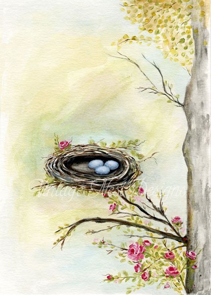 Bird Nest Roses Tree No.1 Digital Prints Acrylic Painting image 0