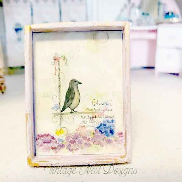 Birds Feathered No.1:1 Dollhouse Miniature Handmade Wooden Framed Art image 3