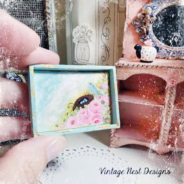 Bird Nest Roses No.1:1 Dollhouse Miniature Handmade Wooden Framed Art image 5