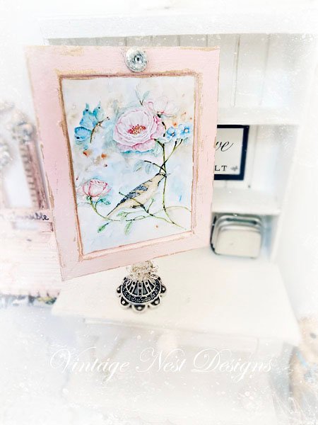 Bird Nest Roses No.5:2 Dollhouse Miniature Handmade Wooden Framed Art image 4