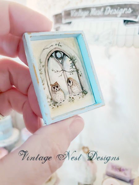 Two Owls in a Window No.1:1 Dollhouse Miniature Handmade Wooden Framed Art image 4