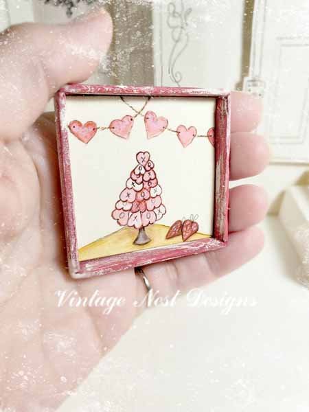 Hearts Bunting No.1 Dollhouse Miniature Handmade Wooden Framed Art image 1