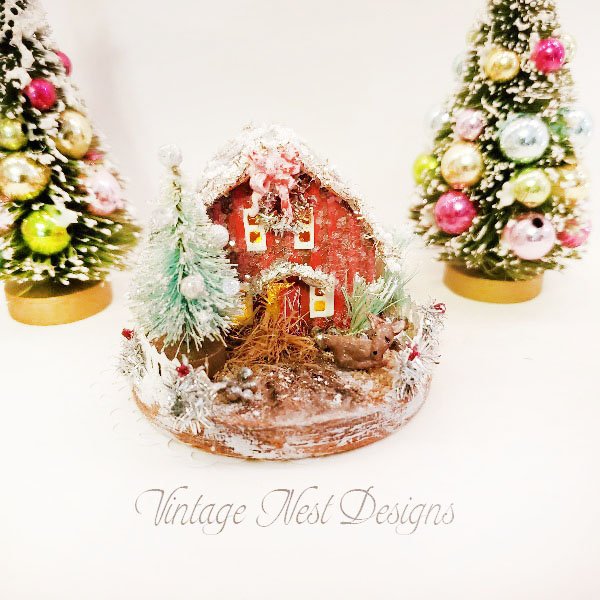 Christmas Putz Glitter Holiday Barn No.3 Handmade Miniature image 1