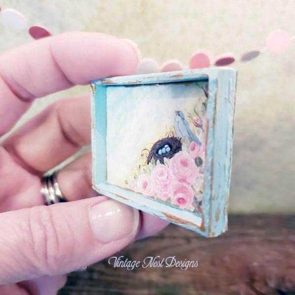 Bird Nest Roses No.1:1 Dollhouse Miniature Handmade Wooden Framed Art image 4