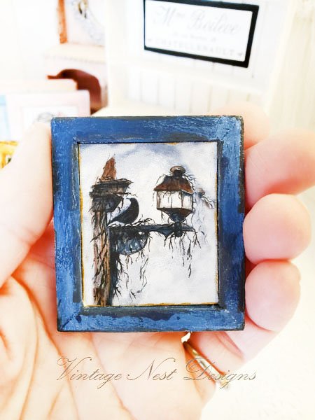 Crow Lantern No.1:4 Dollhouse Miniature Handmade Wooden Framed Art image 5