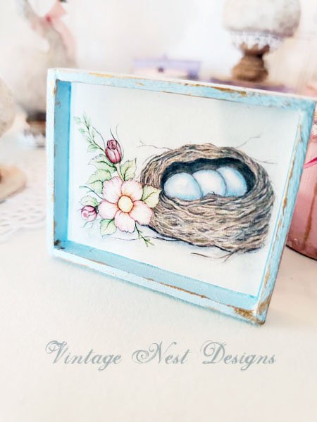 Bird Nest Roses No.2:1 Dollhouse Miniature Handmade Wooden Framed Art image 0