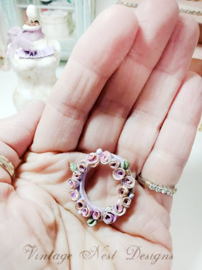 Shabby Lavender Roses Wreath No.1 Dollhouse Miniature Handmade image 2
