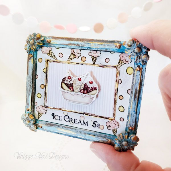 Banana Split Sundae No.1:4 Dollhouse Miniature Handmade Wooden Framed Art image 3