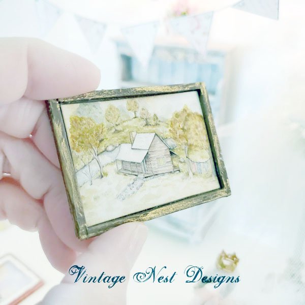 Cabin in the Woods No.1:1 Dollhouse Miniature Handmade Wooden Framed Art image 2