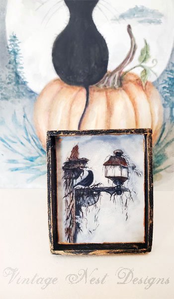 Crow and Lantern No.1:3 Dollhouse Miniature Handmade Wooden Framed Art image 1