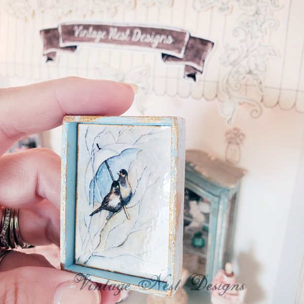 Winter Snowbirds No.1:1 Dollhouse Miniature Handmade Wooden Framed Art image 1
